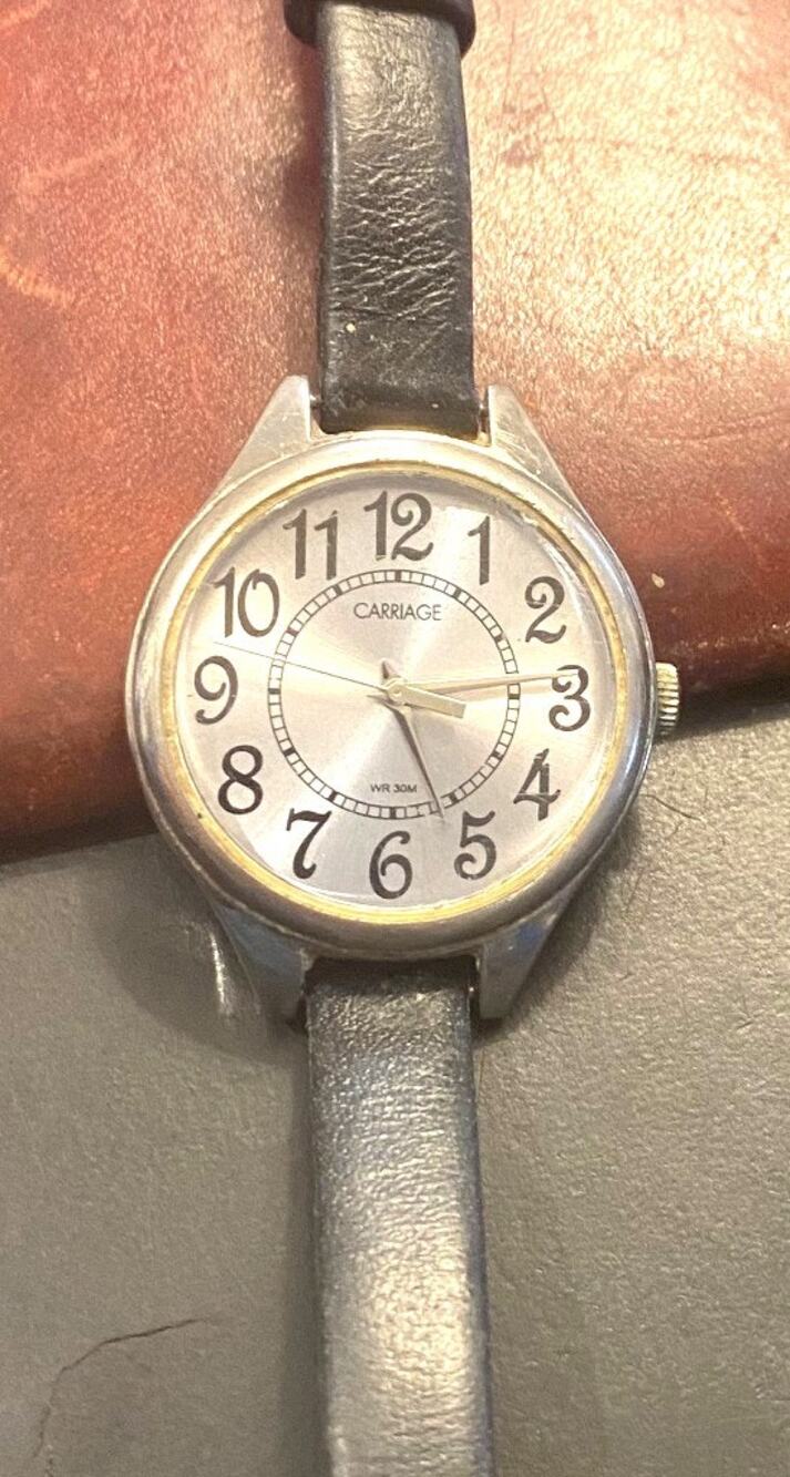 Women's Silver Tone Carriage Watch, WR to 30M, Black Leather Band